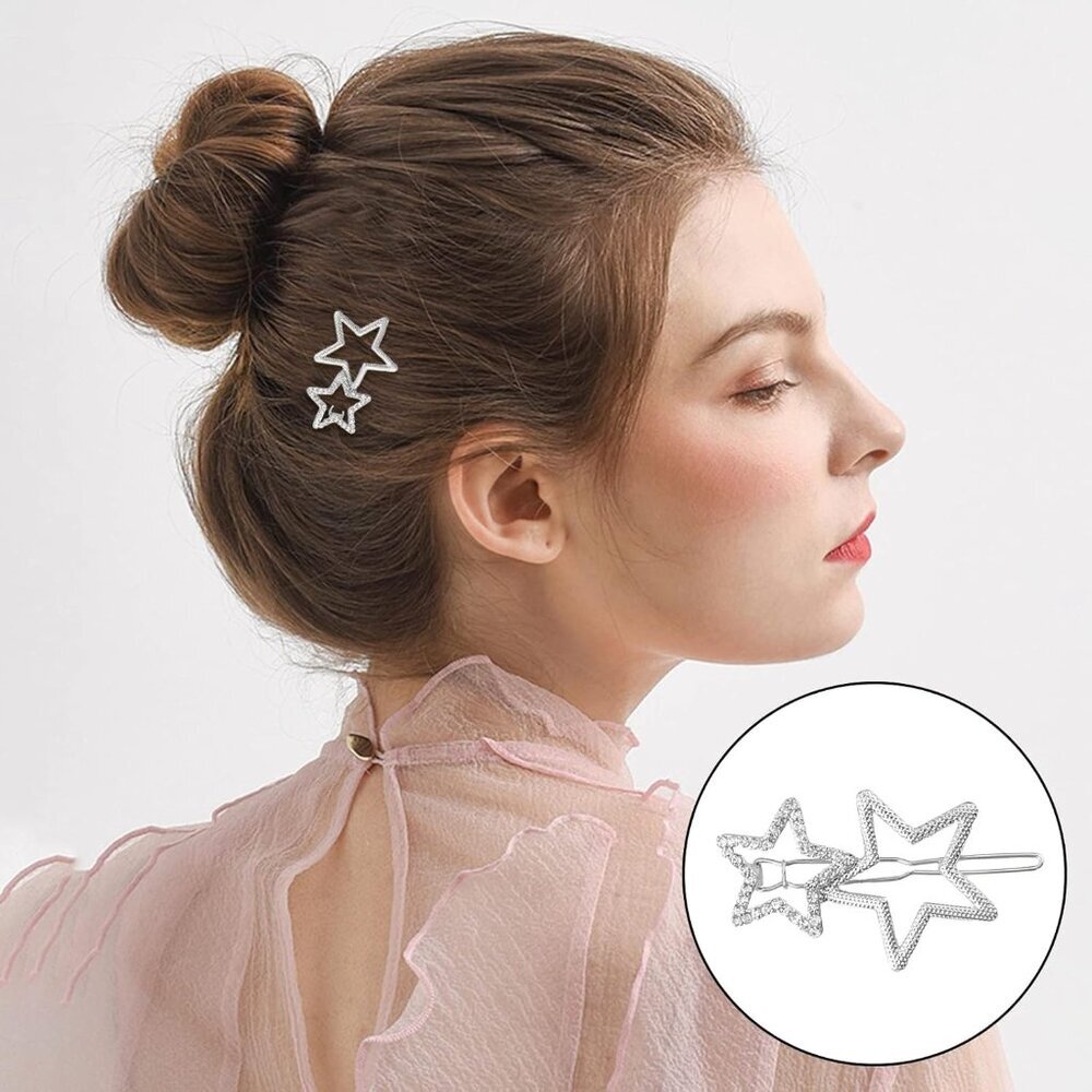 2Pcs Hollow Star Hair Clips, Non-Slip Metal Geometric Hairpin, Elegant Rhineston - Picture 5 of 6